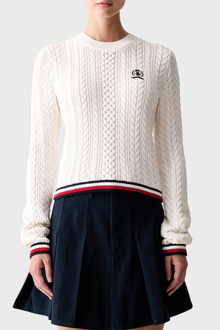 Tommy Jeans Bisiklet Yaka Saç Örgü Kadın Kazak DW0DW22933 YBH Beyaz - Tommy Jeans