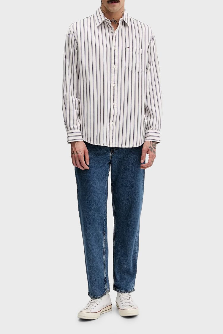 Tommy Jeans Çizgili % 100 Pamuk Relaxed Fit Uzun Kollu Erkek Gömlek DM0DM22406 YBH BEYAZ - Tommy Jeans (1)