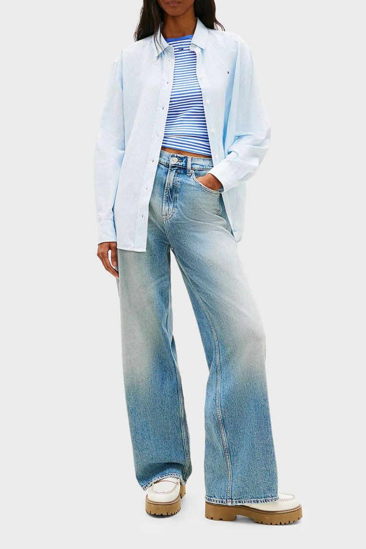 Tommy Jeans Çizgili Keten ve Pamuk Karışımlı Klsaik Yaka Uzun Kollu Kadın Gömlek DW0DW22209 0A6 AÇIK MAVİ - Tommy Jeans (1)