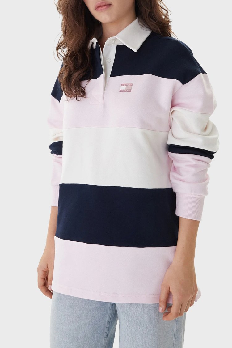 Tommy Jeans Çizgili Oversize Kadın Polo Yaka Sweat DW0DW21927 TOG PEMBE - Tommy Jeans