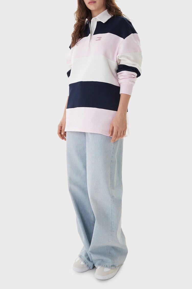 Tommy Jeans Çizgili Oversize Kadın Polo Yaka Sweat DW0DW21927 TOG PEMBE - Tommy Jeans (1)