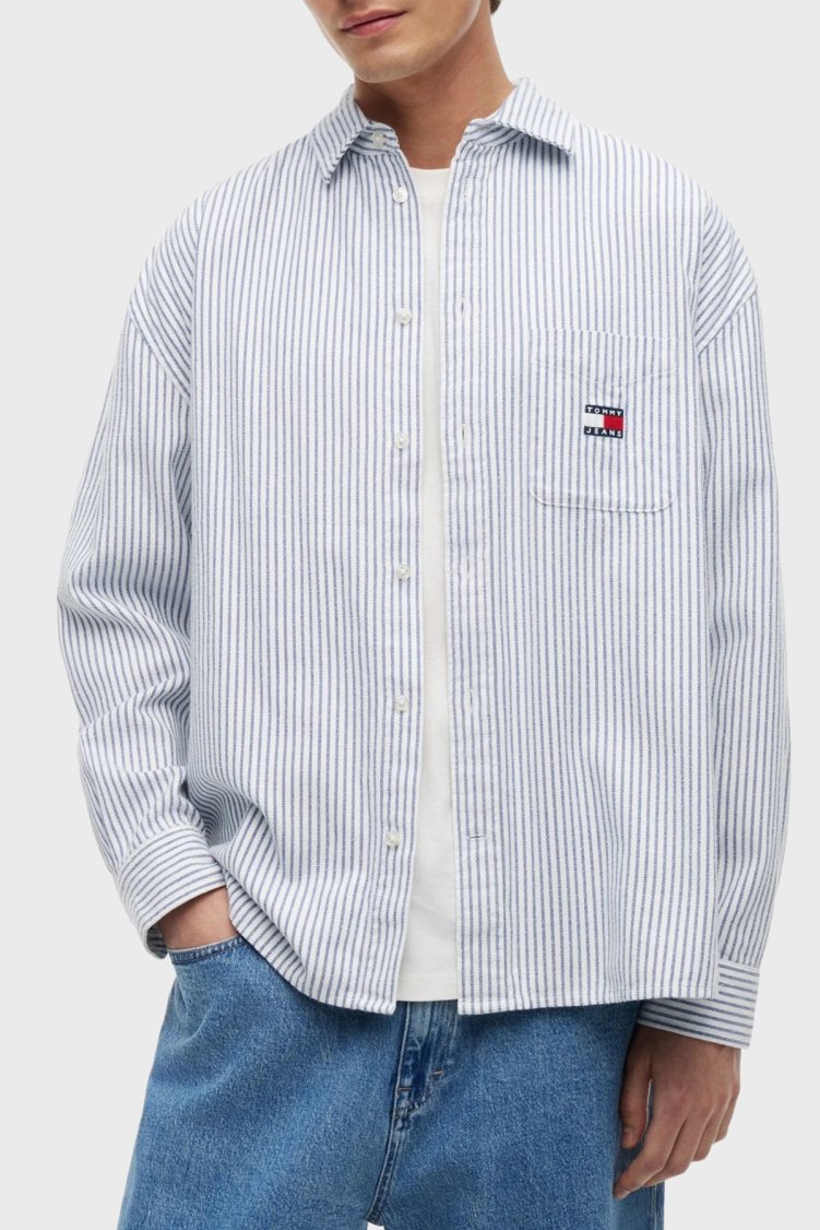 Tommy Jeans Çizgili Pamuklu Oversize Uzun Kollu Erkek Gömlek DM0DM23138 C63 Mavi-beyaz - Tommy Jeans