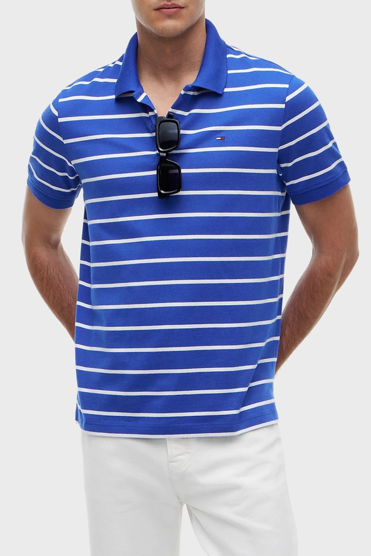 Tommy Jeans Çizgili Pamuklu Regular Fit Düğmeli Erkek Polo Yaka T Shirt DM0DM22708 C8O MAVİ - Tommy Jeans