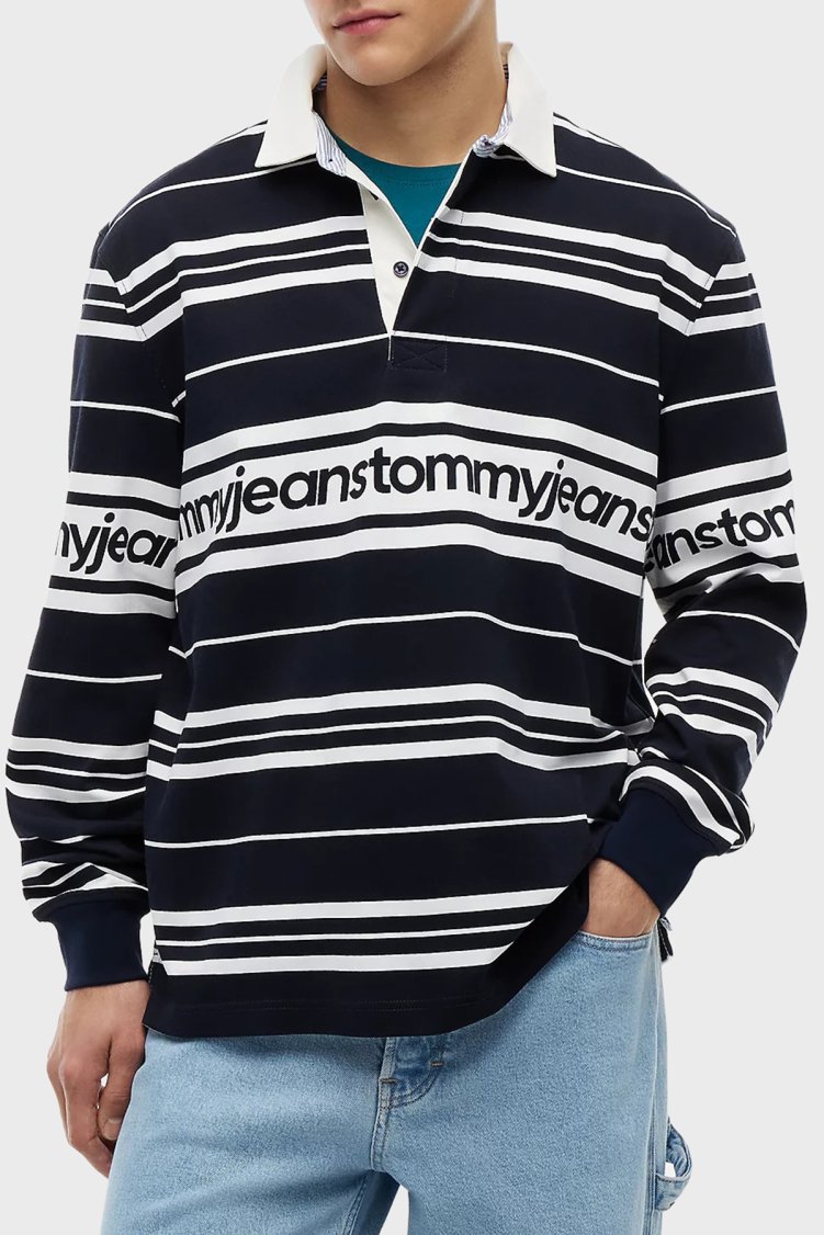 Tommy Jeans Çizgili Relaxed Fit Düğmeli Erkek Polo Yaka Sweat DM0DM23164 C1G Lacivert - Tommy Jeans
