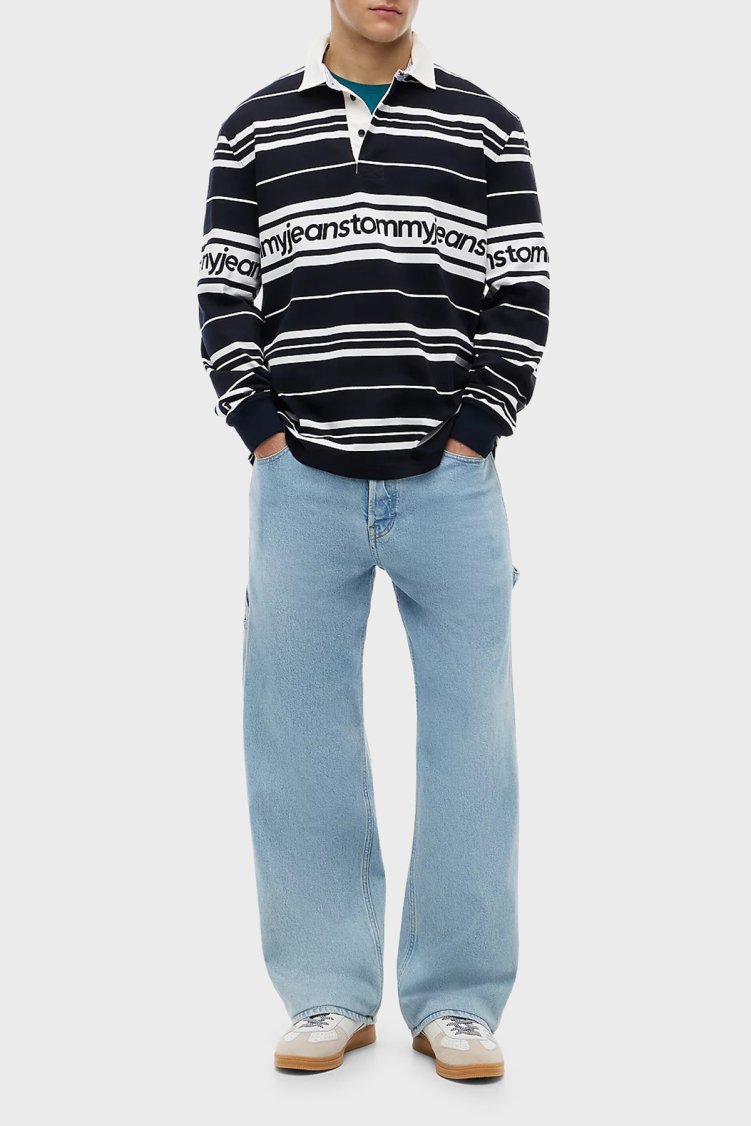 Tommy Jeans Çizgili Relaxed Fit Düğmeli Erkek Polo Yaka Sweat DM0DM23164 C1G Lacivert - Tommy Jeans (1)