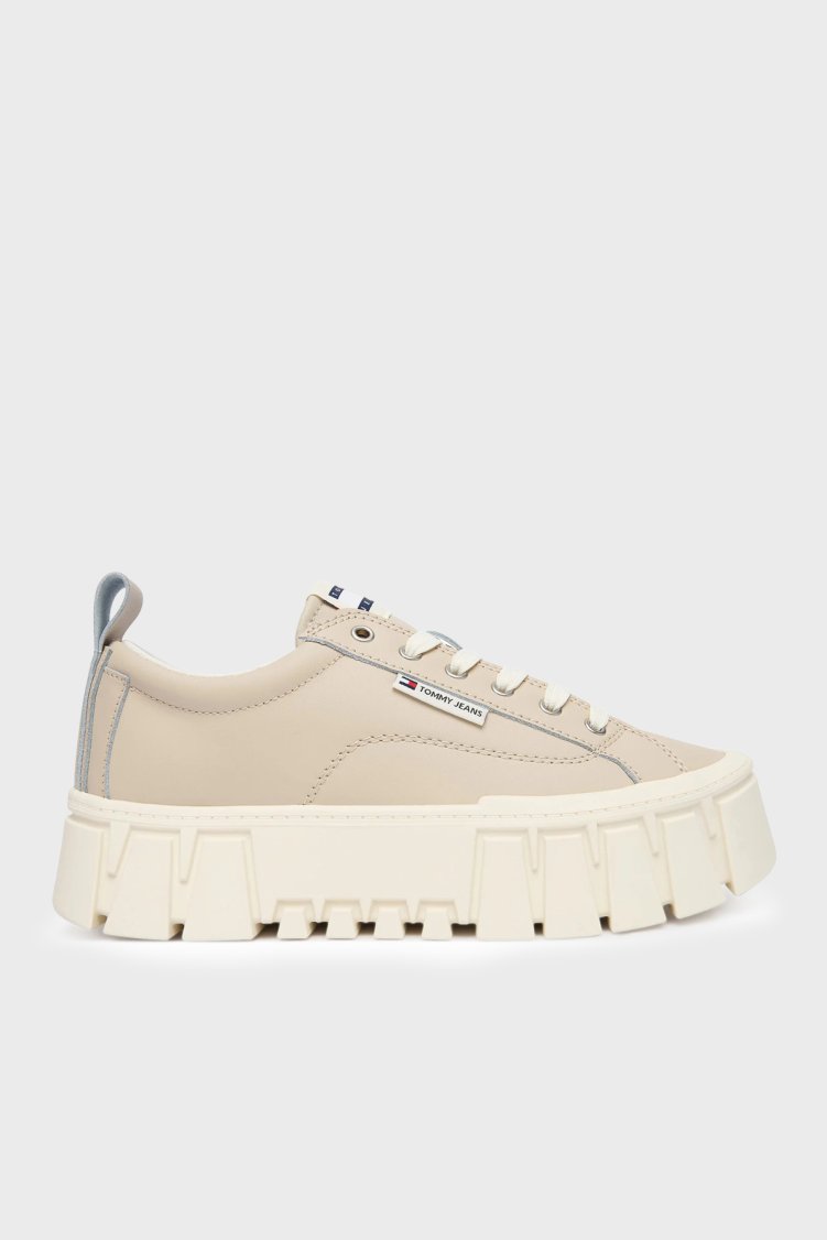 Tommy Jeans Deri Logolu Kalın Tabanlı Sneaker Kadın Ayakkabı EN0EN03008 ABY BEJ - Tommy Jeans