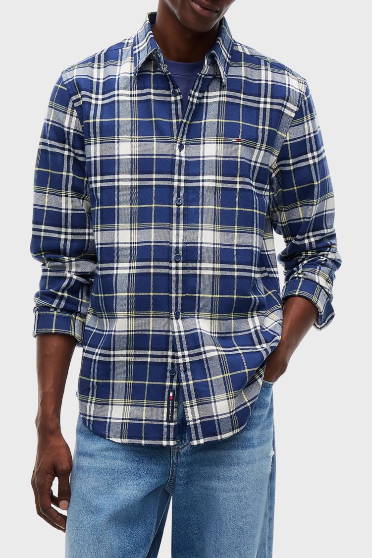 Tommy Jeans Ekoseli Pamuklu Regular Fit Düğmeli Yaka Erkek Gömlek DM0DM23528 0M1 Mavi-beyaz - Tommy Jeans