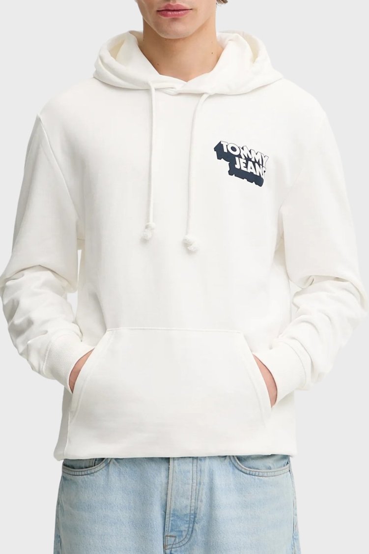 Tommy Jeans Grafik Logo Baskılı Pamuklu Regular Fit Kapüşonlu Erkek Sweat DM0DM21625 YBL BEYAZ - Tommy Jeans