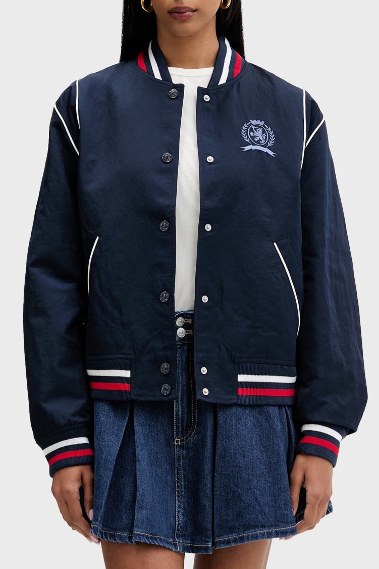 Tommy Jeans Kadın Logolu Regular Fit Kolej Yaka Bomber Ceket/ Mont DW0DW22919 C1G Lacivert - Tommy Jeans