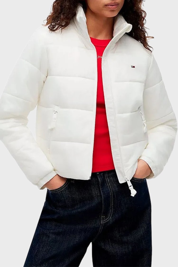 Tommy Jeans Kapitoneli Regular Fit Dik Yaka Kadın Mont DW0DW23487 YBL Beyaz - Tommy Jeans