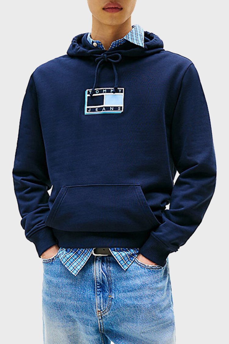 Tommy Jeans Logo Baskılı Pamuklu Regular Fit Kapüşonlu Erkek Sweat DM0DM21623 C1G LACİVERT - Tommy Jeans