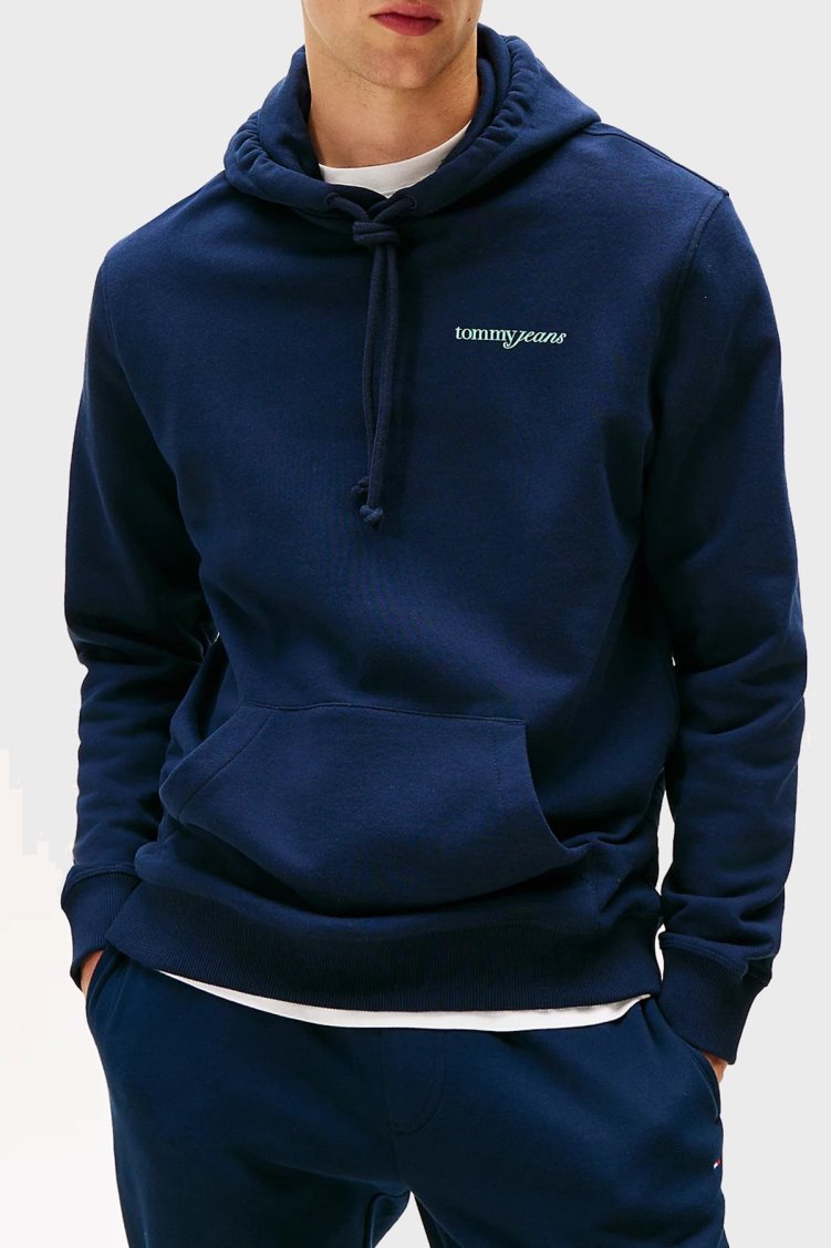 Tommy Jeans Logo Baskılı Pamuklu Regular Fit Kapüşonlu Erkek Sweat DM0DM22112 C1G LACİVERT - Tommy Jeans