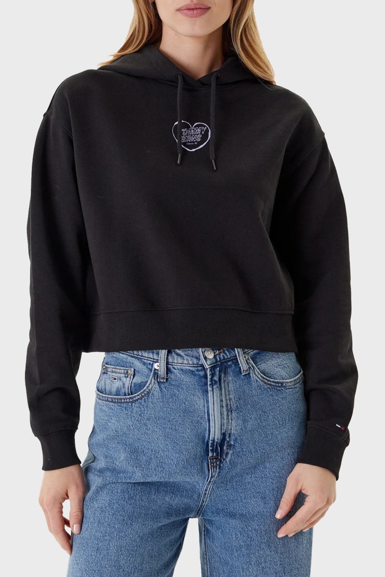 Tommy Jeans Logo Baskılı Pamuklu Relaxed Fit Kapüşonlu Crop Kadın Sweat DW0DW21408 BDS SİYAH - Tommy Jeans