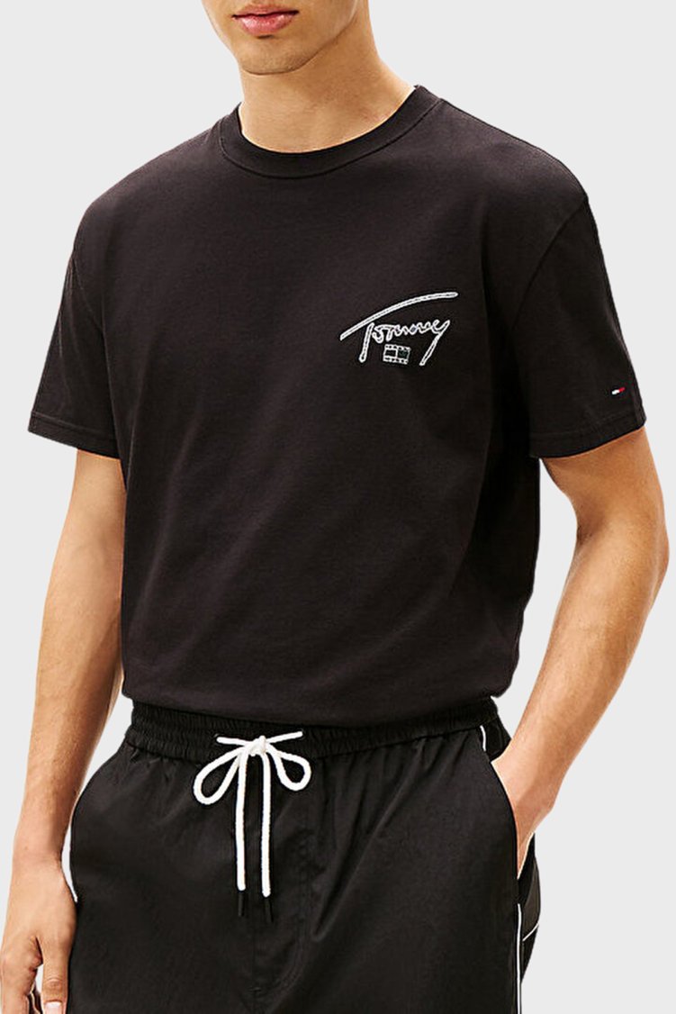 Tommy Jeans Logolu % 100 Pamuk Regular Fit Bisiklet Yaka Erkek T Shirt DM0DM22320 BDS SİYAH - Tommy Jeans