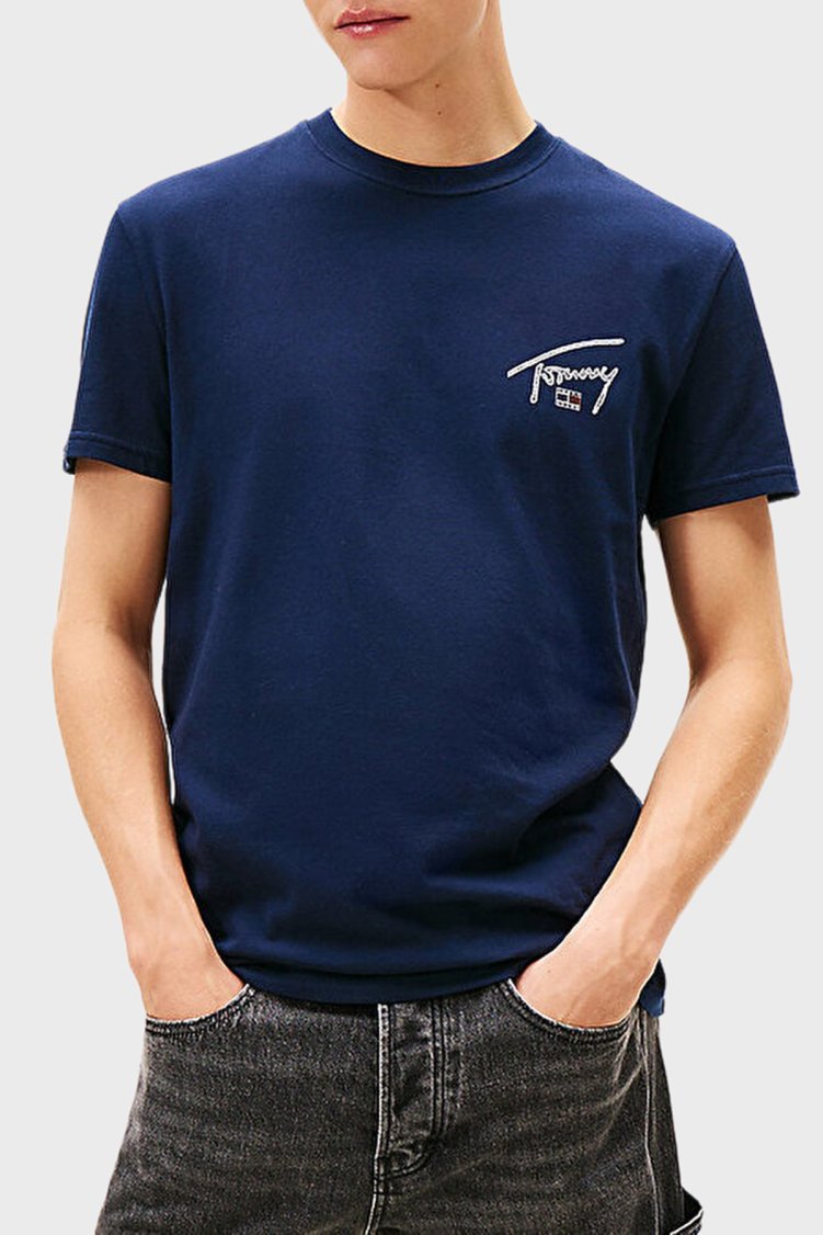 Tommy Jeans Logolu % 100 Pamuk Regular Fit Bisiklet Yaka Erkek T Shirt DM0DM22320 C1G LACİVERT - Tommy Jeans