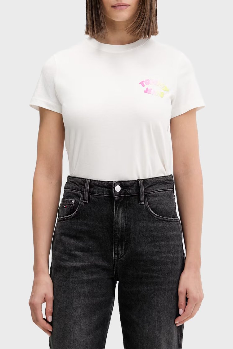 Tommy Jeans Logolu % 100 Pamuk Regular Fit Bisiklet Yaka Kadın T Shirt DW0DW22310 YBL BEYAZ - Tommy Jeans