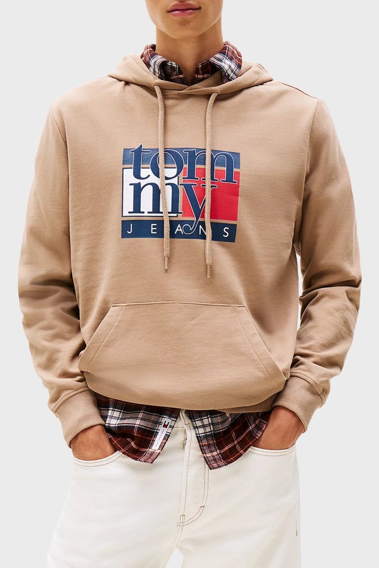 Tommy Jeans Logolu % 100 Pamuk Regular Fit Kapüşonlu Erkek Sweat DM0DM22092 AFE BEJ - Tommy Jeans