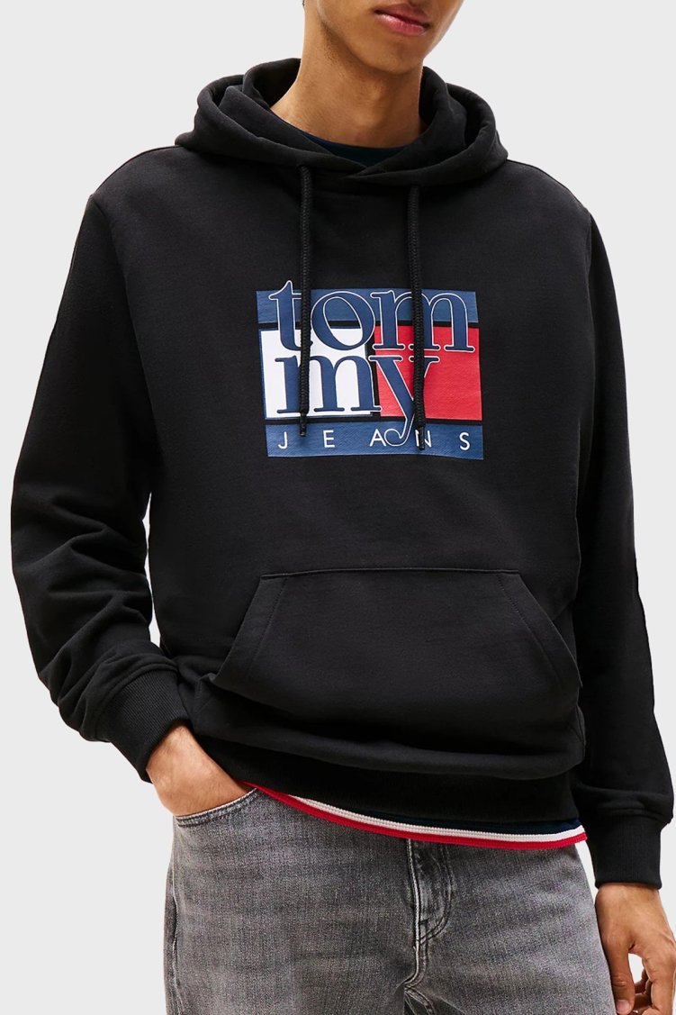 Tommy Jeans Logolu % 100 Pamuk Regular Fit Kapüşonlu Erkek Sweat DM0DM22092 BDS SİYAH - Tommy Jeans