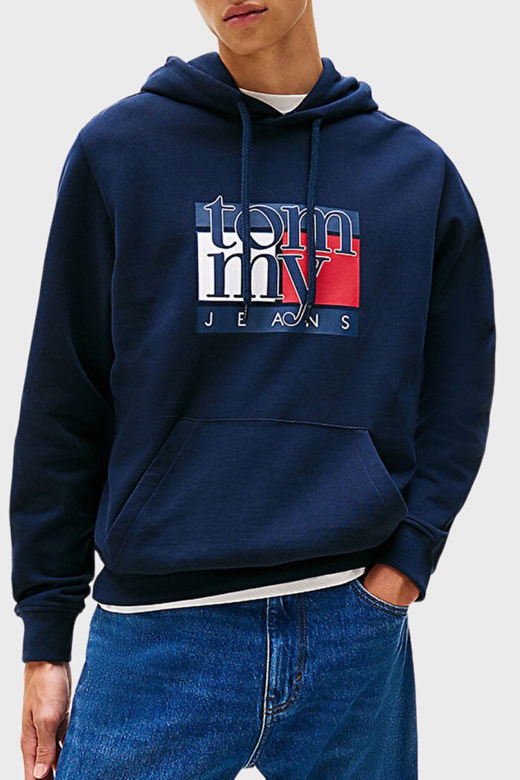 Tommy Jeans Logolu % 100 Pamuk Regular Fit Kapüşonlu Erkek Sweat DM0DM22092 C1G LACİVERT - Tommy Jeans