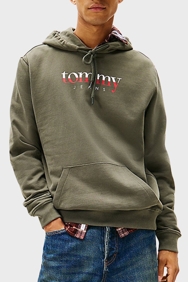 Tommy Jeans Logolu % 100 Pamuk Regular Fit Kapüşonlu Erkek Sweat DM0DM22113 MRH KOYU YEŞİL - Tommy Jeans