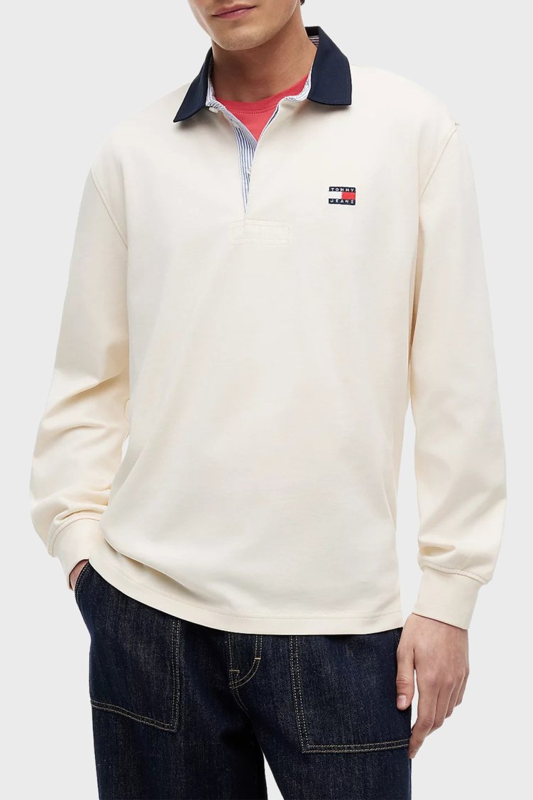 Tommy Jeans Logolu % 100 Pamuk Relaxed Fit Düğmeli Erkek Polo Yaka Sweat DM0DM23070 AEF Bej - Tommy Jeans