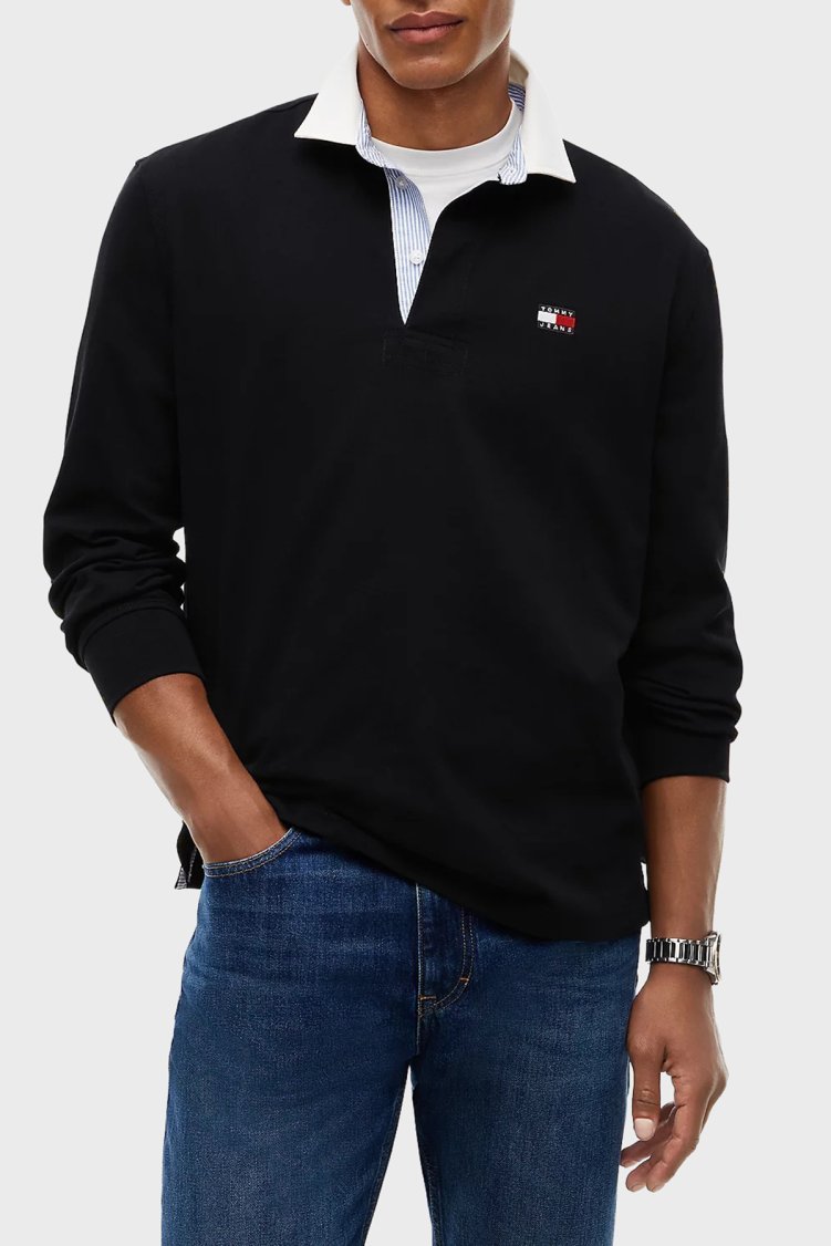 Tommy Jeans Logolu % 100 Pamuk Relaxed Fit Düğmeli Erkek Polo Yaka Sweat DM0DM23070 BDS Siyah - Tommy Jeans