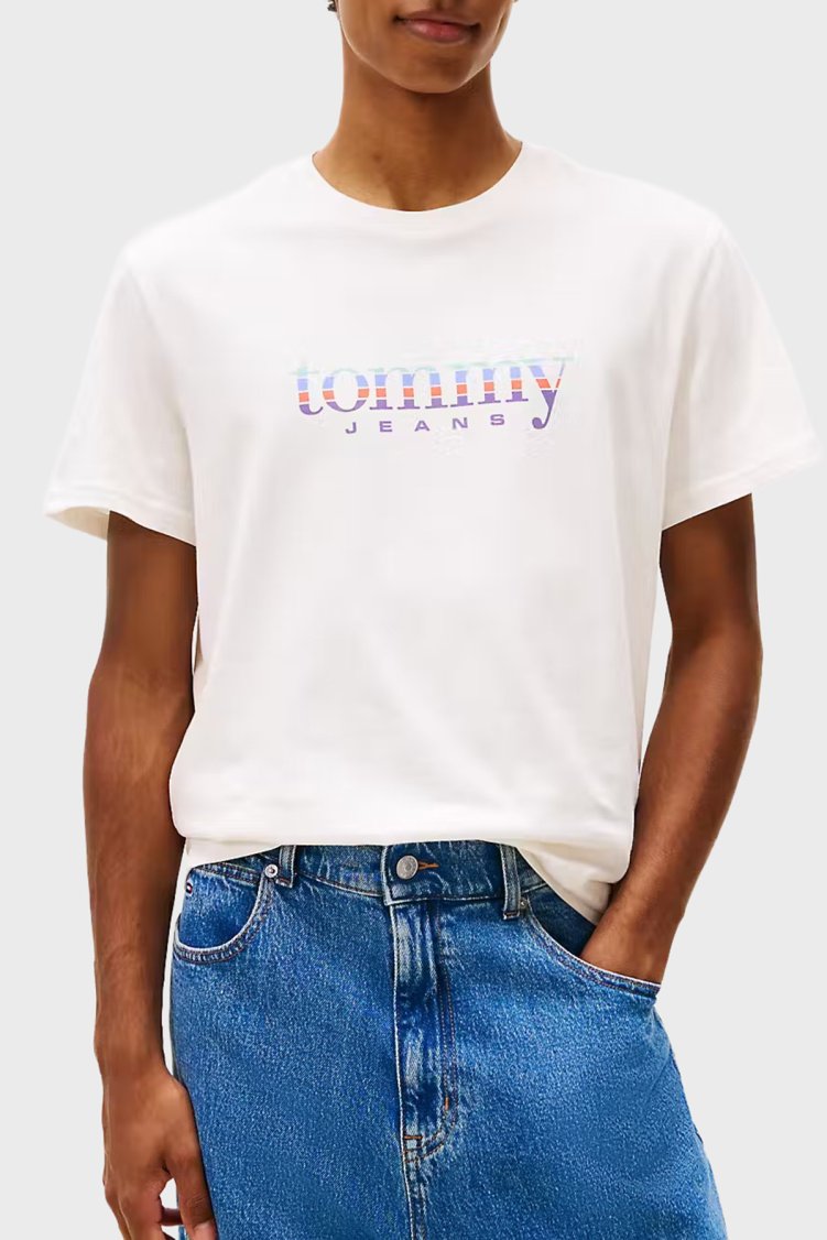Tommy Jeans Logolu % 100 Pamuk Slim Fit Bisiklet Yaka Erkek T Shirt DM0DM22333 YBH BEYAZ - Tommy Jeans