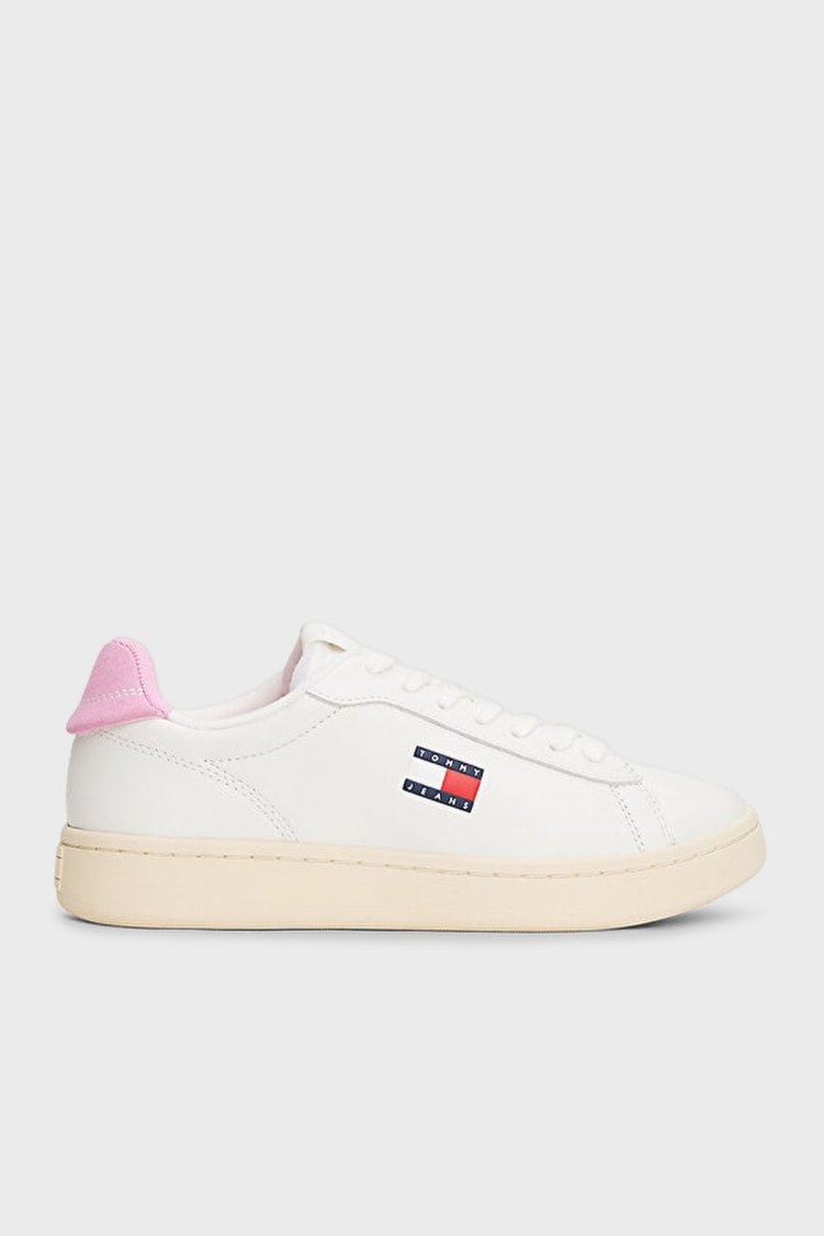 Tommy Jeans Logolu Deri Sneaker Kadın Ayakkabı EN0EN02815 01V BEYAZ - Tommy Jeans