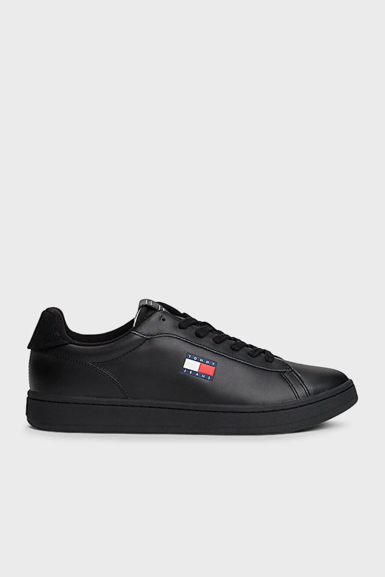 Tommy Jeans Logolu Deri Sneaker Erkek Ayakkabı EM0EM01596 0GQ SİYAH - Tommy Jeans