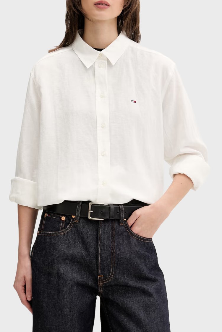 Tommy Jeans Logolu Keten ve Pamuk Karışımlı Uzun Kollu Kadın Gömlek DW0DW22209 YBL BEYAZ - Tommy Jeans