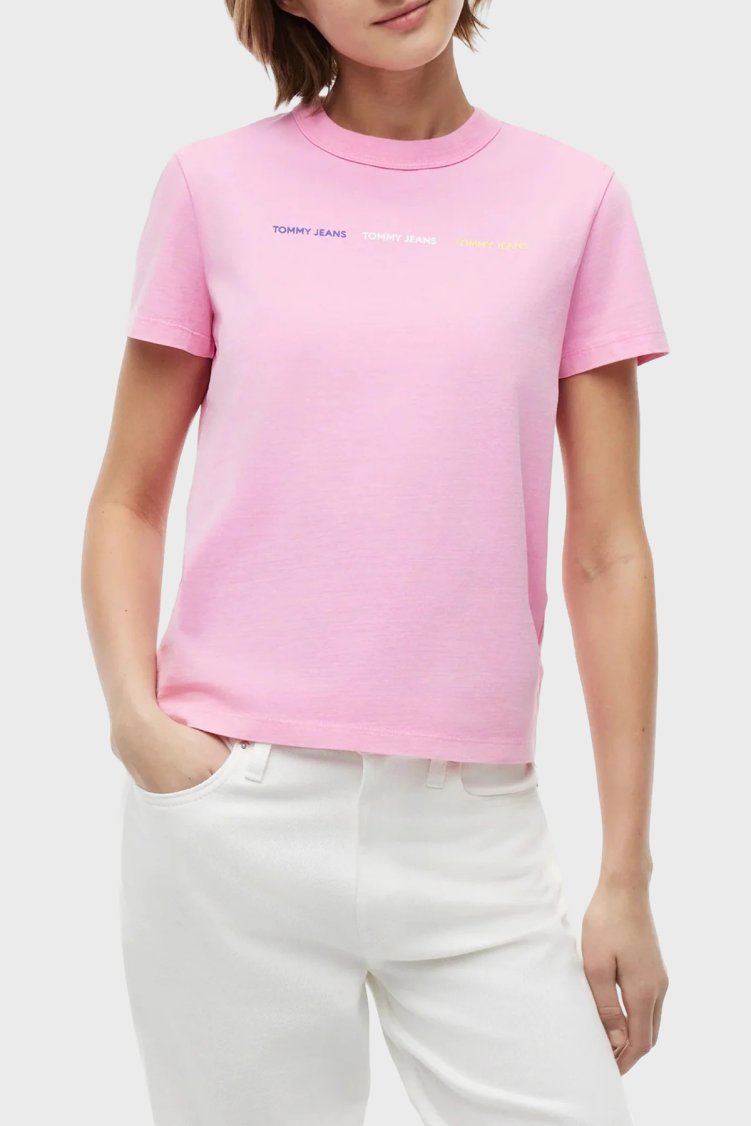 Tommy Jeans Logolu Pamuklu Bisiklet Yaka Kadın T Shirt DW0DW22905 TOU Pembe - Tommy Jeans