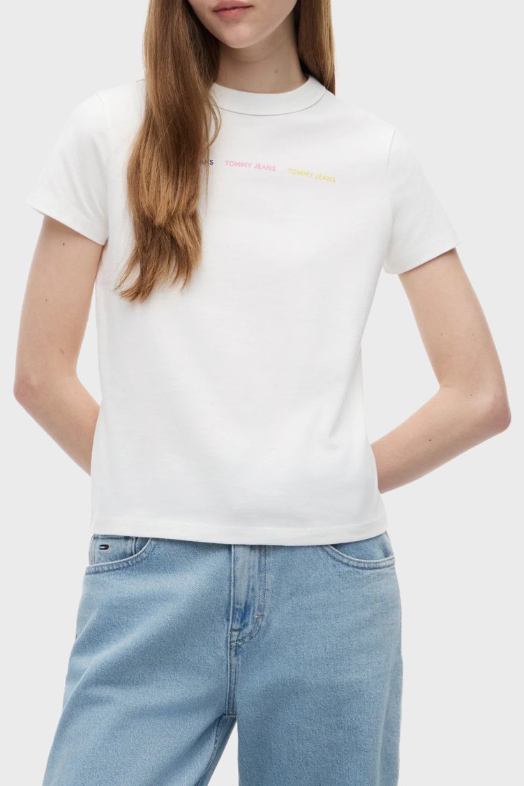 Tommy Jeans Logolu Pamuklu Bisiklet Yaka Kadın T Shirt DW0DW22905 YBL Beyaz - Tommy Jeans