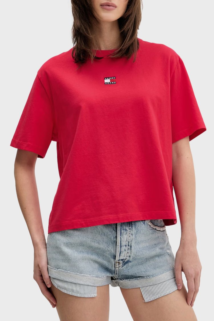 Tommy Jeans Logolu Pamuklu Boxy Fit Bisiklet Yaka Kadın T Shirt DW0DW22202 XK3 KIRMIZI - Tommy Jeans
