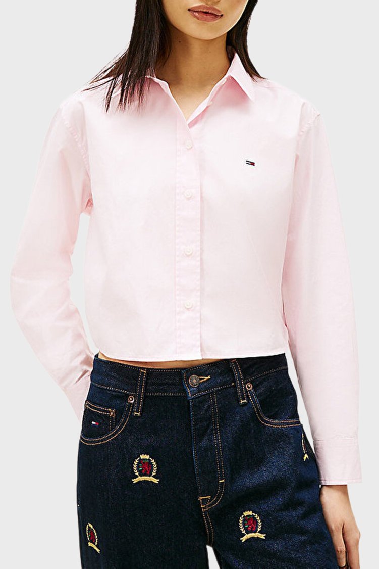 Tommy Jeans Logolu Pamuklu Klasik Yaka Uzun Kollu Kadın Gömlek DW0DW22078 TOG PEMBE - Tommy Jeans