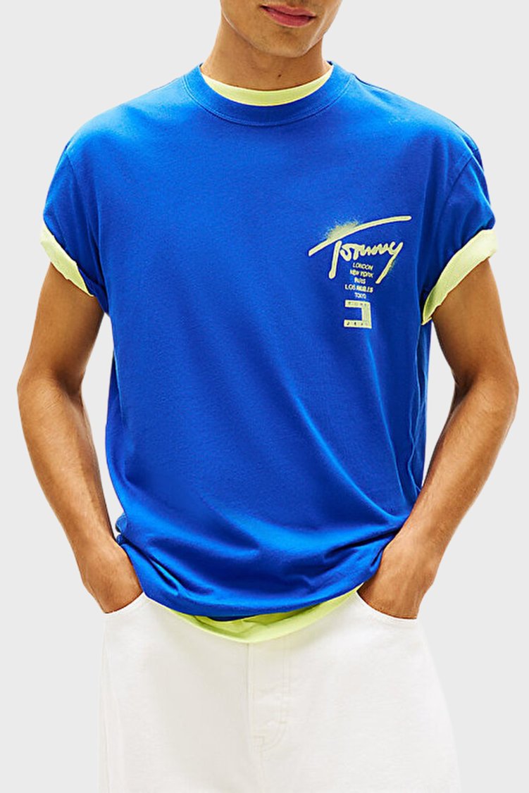 Tommy Jeans Logolu Pamuklu Regular Fit Bisiklet Yaka Erkek T Shirt DM0DM22553 C8O MAVİ - Tommy Jeans