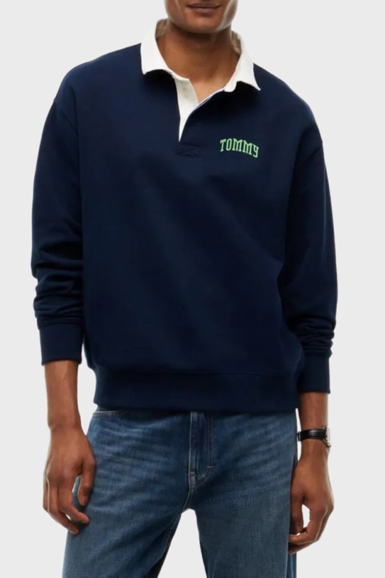 Tommy Jeans Logolu Pamuklu Regular Fit Düğmeli Polo Yaka Erkek Sweat DM0DM23586 C1G Lacivert - Tommy Jeans