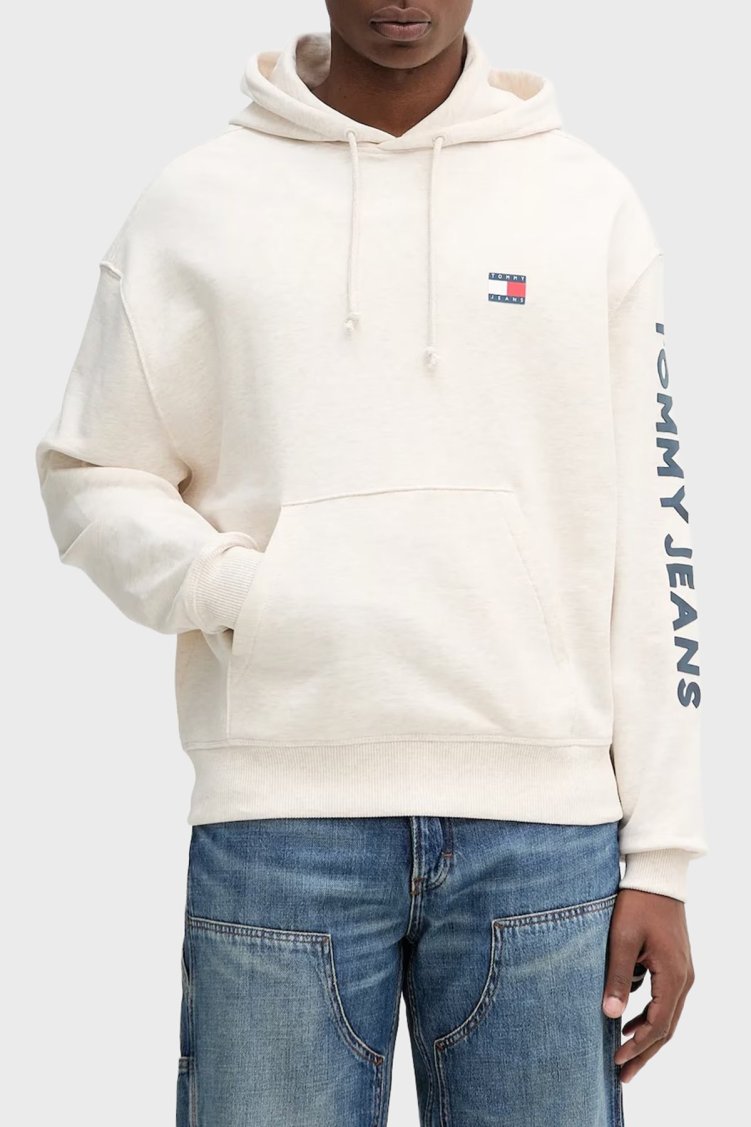 Tommy Jeans Logolu Pamuklu Relaxed Fit Kapüşonlu Kanguru Cepli Erkek Sweat DM0DM21834 AE3 BEJ - Tommy Jeans