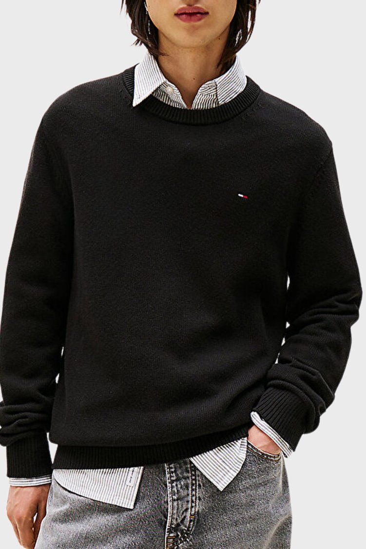 Tommy Jeans Logolu Pamuklu Slim Fit Bisiklet Yaka Örme Erkek Kazak DM0DM21787 BDS SİYAH - Tommy Jeans