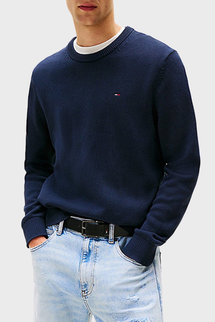 Tommy Jeans Logolu Pamuklu Slim Fit Bisiklet Yaka Örme Erkek Kazak DM0DM21787 C1G LACİVERT - Tommy Jeans