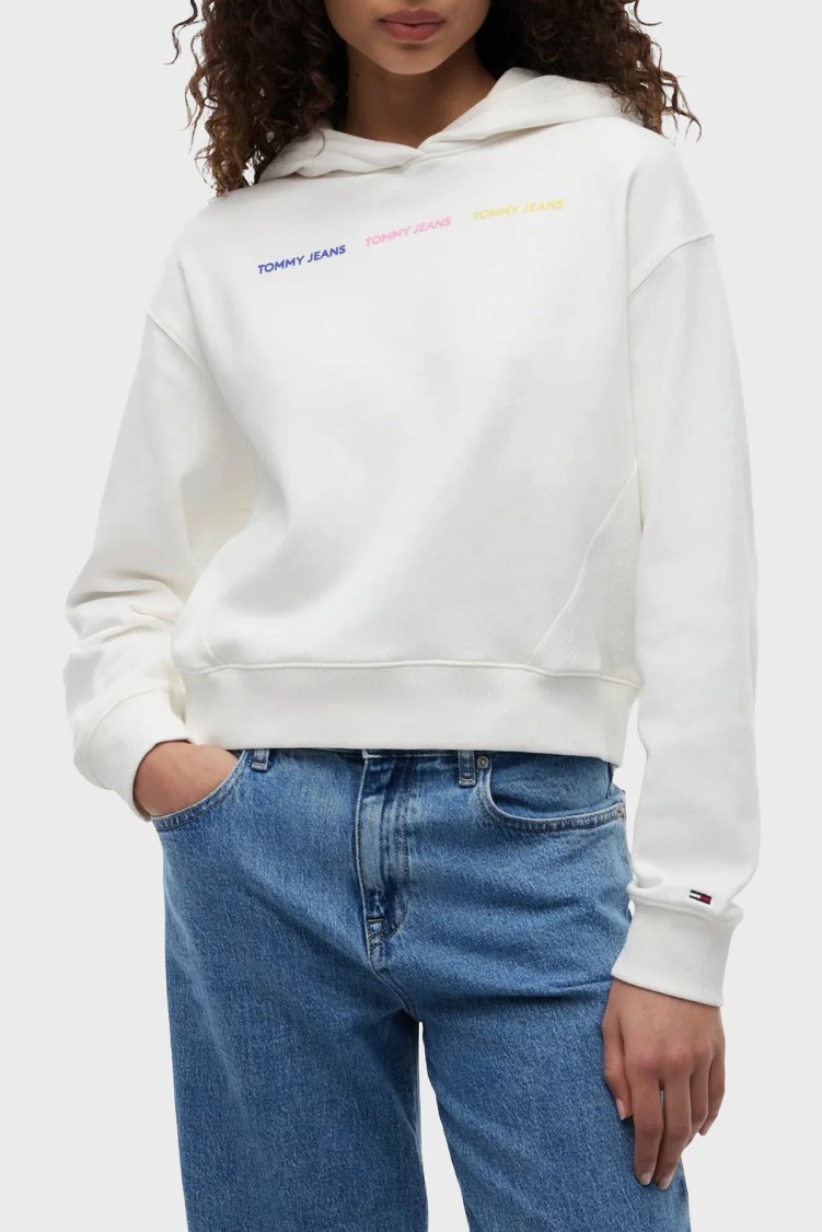 Tommy Jeans Logolu Regular Fit Kapüşonlu Kadın Sweat DW0DW22906 YBL Beyaz - Tommy Jeans