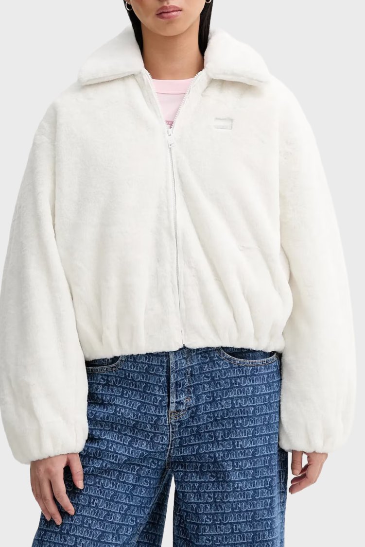 Tommy Jeans Logolu Relaxed Fit Ceket Yaka Yumuşak Dokulu Kadın Mont DW0DW21669 YBH BEYAZ - Tommy Jeans
