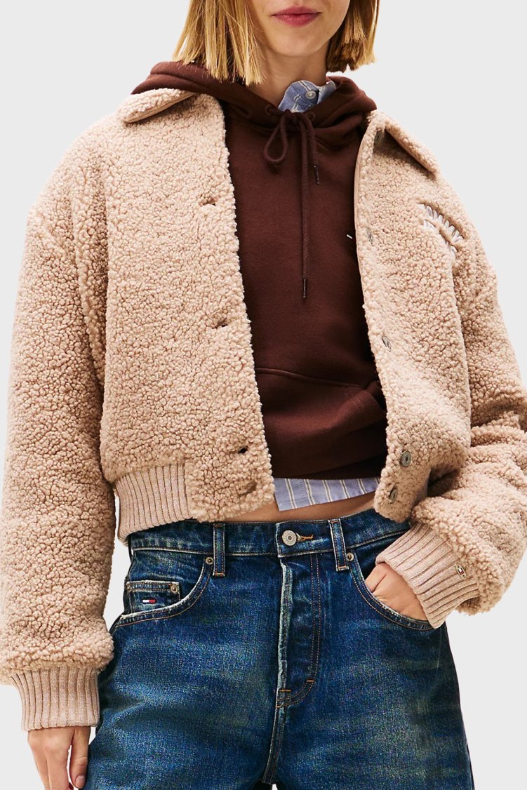Tommy Jeans Logolu Relaxed Fit Teddy Bomber DW0DW21666GUQ Kadın Ceket DW0DW21666 GUQ KAHVE - Tommy Jeans
