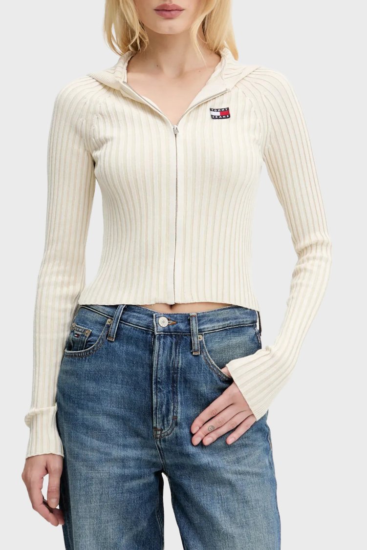 Tommy Jeans Logolu Slim Fit Kapüşonlu Ribana Örgülü Crop Sweat Kadın Kazak DW0DW20974 YBH Beyaz - Tommy Jeans