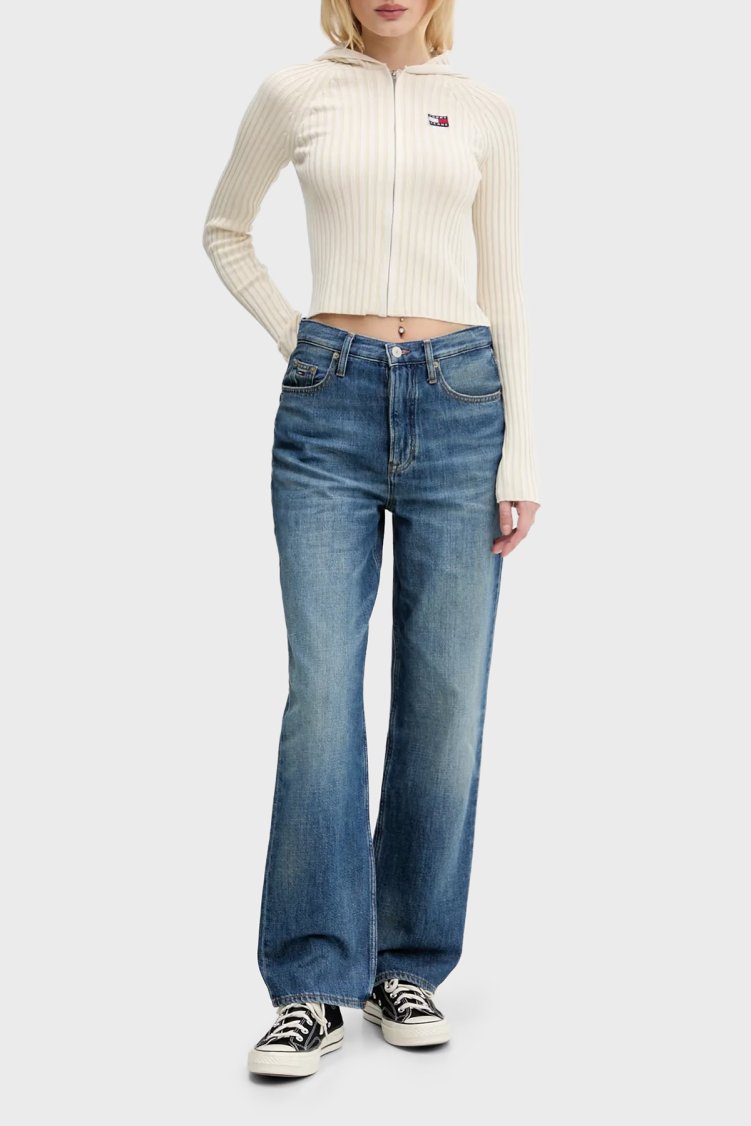 Tommy Jeans Logolu Slim Fit Kapüşonlu Ribana Örgülü Crop Sweat Kadın Kazak DW0DW20974 YBH Beyaz - Tommy Jeans (1)