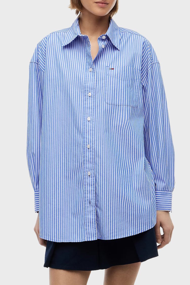 Tommy Jeans Pamuk Karışımlı Oversize Çizgili Poplin Kadın Gömlek DW0DW22936 C8P Mavi-beyaz - Tommy Jeans