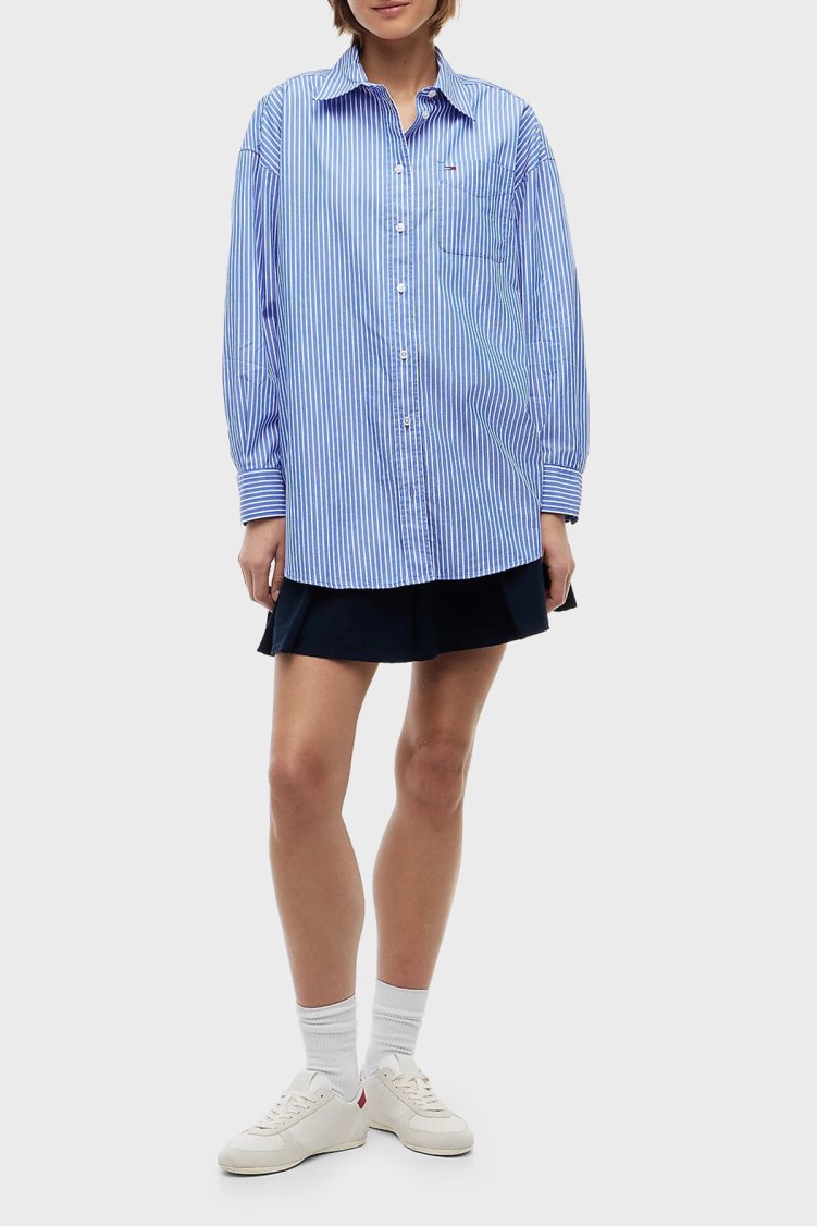 Tommy Jeans Pamuk Karışımlı Oversize Çizgili Poplin Kadın Gömlek DW0DW22936 C8P Mavi-beyaz - Tommy Jeans (1)