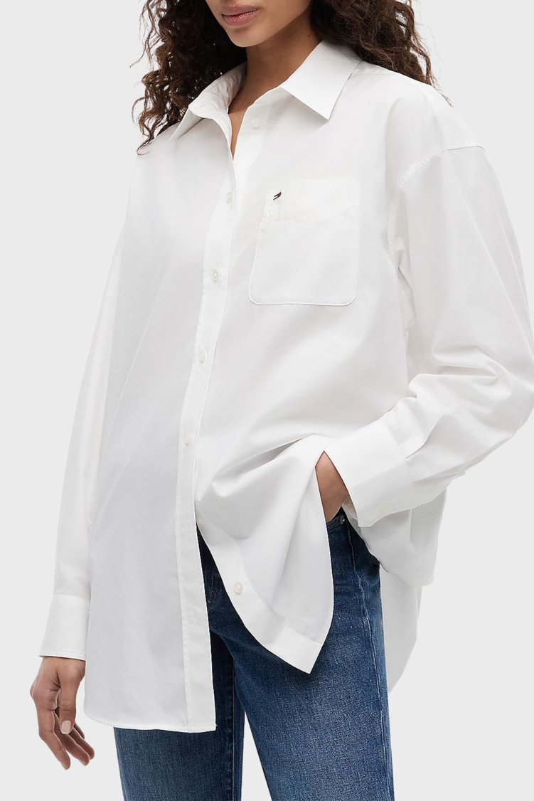 Tommy Jeans Pamuk Karışımlı Oversize Çizgili Poplin Kadın Gömlek DW0DW22936 YBL Beyaz - Tommy Jeans