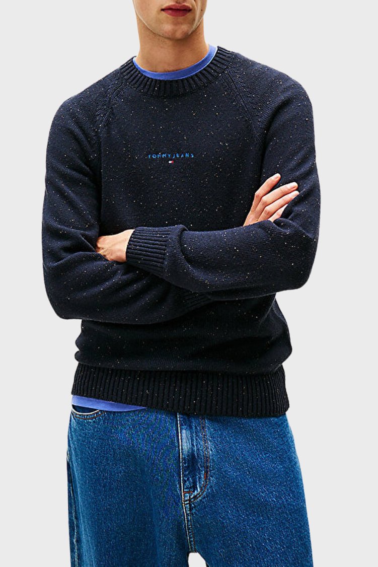 Tommy Jeans Pamuk Karışımlı Slim Fit Bisiklet Yaka Logo İşlemeli Erkek Kazak DM0DM22097 C1G LACİVERT - Tommy Jeans