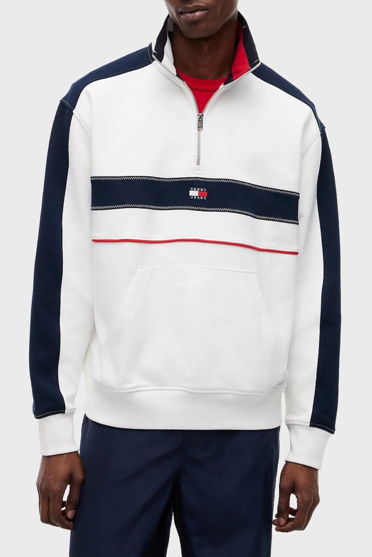 Tommy Jeans Pamuk Regular Fit Yarım Fermuarlı Dik Yaka Erkek Sweat DM0DM23244 YBL Beyaz - Tommy Jeans