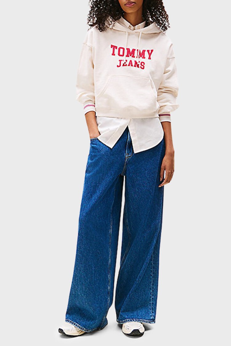 Tommy Jeans Pamuklu Boxy Fit Kapüşonlu Logolu Kadın Sweat DW0DW21598 YBH BEYAZ - Tommy Jeans (1)